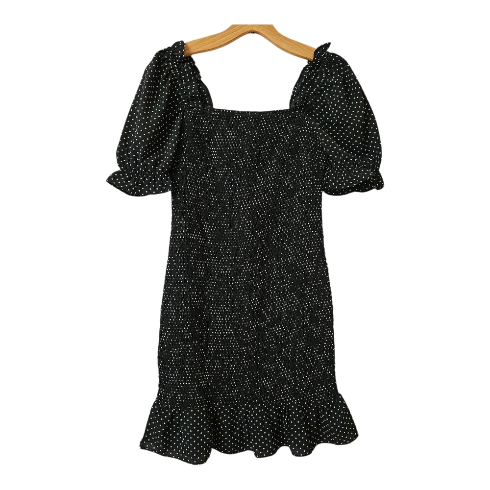 Kittenish Desi Smocked Puff Sleeve Dress Womens S Polka Dot Ruffle Mini